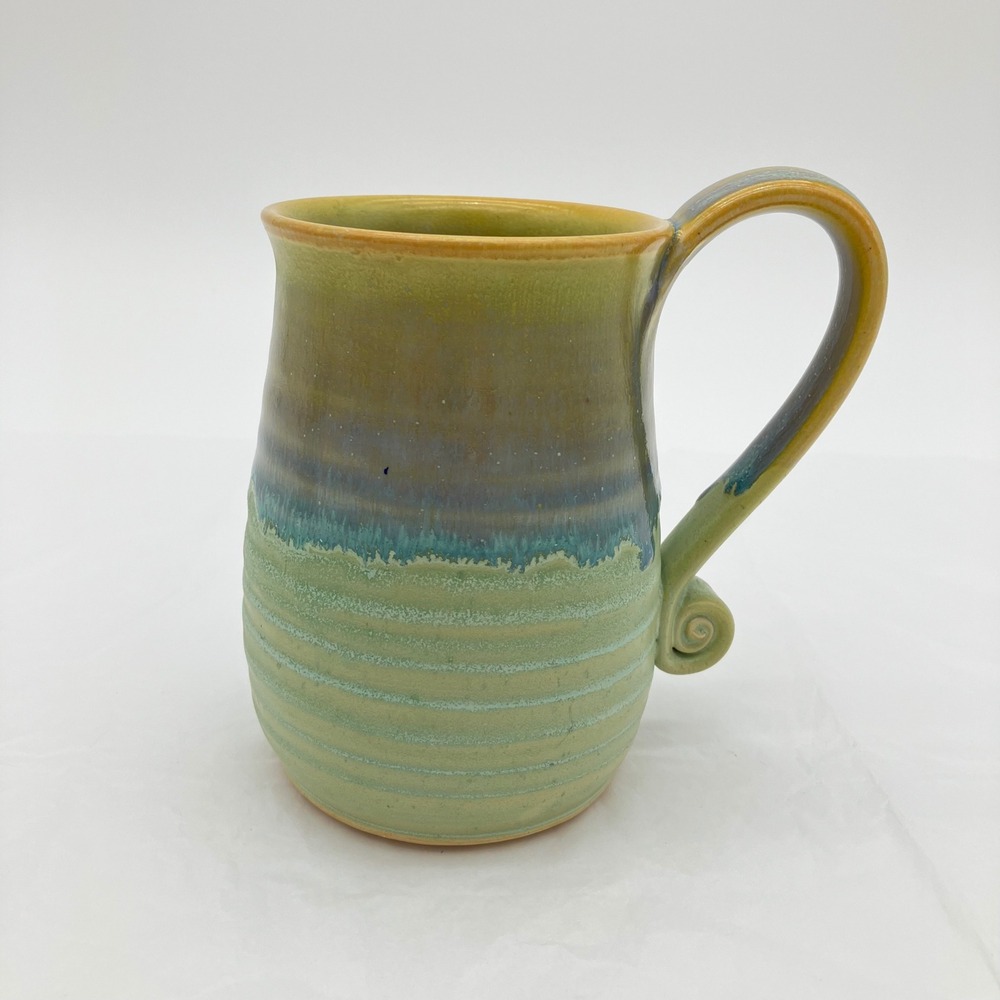 Parsley Pottery Mug Studio Art 5.25in Green Blue Drip Glaze Scroll Handle